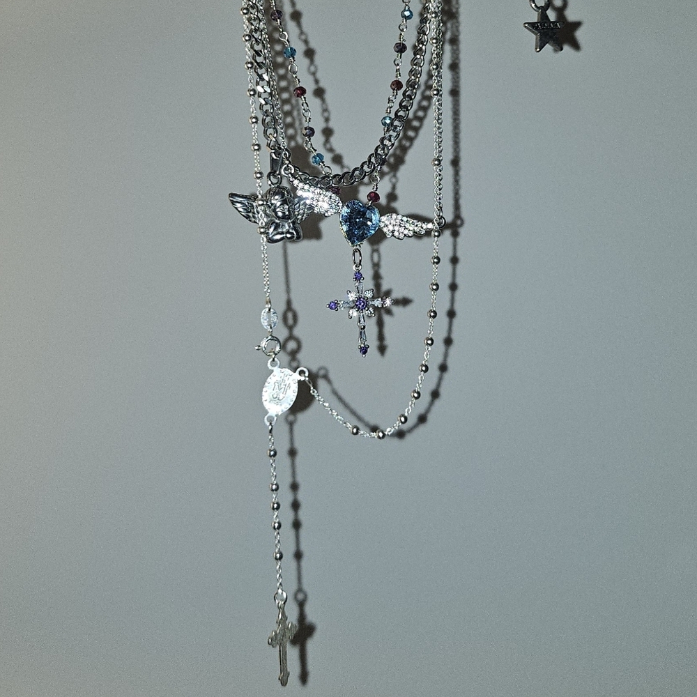 Chic Silver Multi-Layer Necklace with Cross and Angel Charms